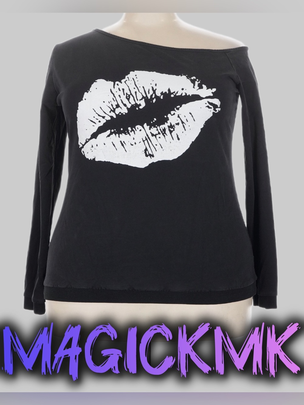 Black Off-Shoulder White Lip Print Long Sleeve Sweatshirt 3X
